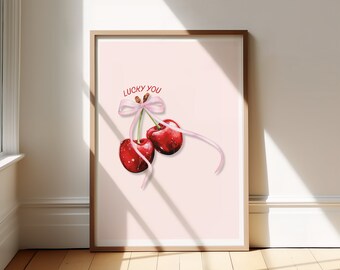 Lucky You Cherry Wall Art Print / Coqueta Cherry Bow Art / Cartel de niña imprimible / Arte de dormitorio de niña suave / Arte de pared de moda / College Preppy