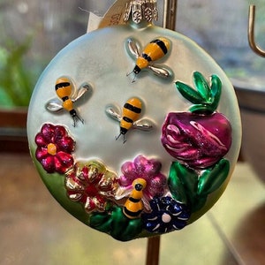 Vintage EuroVue Bee & Flowers Ornament Hand Blown and Painted Glass, Made in Poland---2 sided disc with beautiful painted and raised designs