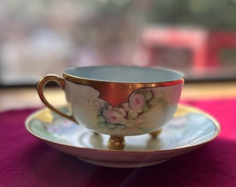 Vintage T & V Limoges France  Footed Cup and Saucer with Gold and Roses