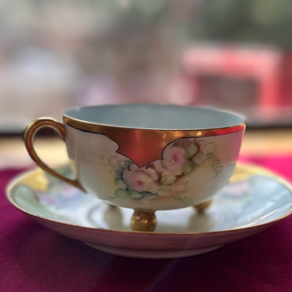 Vintage T & V Limoges France  Footed Cup and Saucer with Gold and Roses