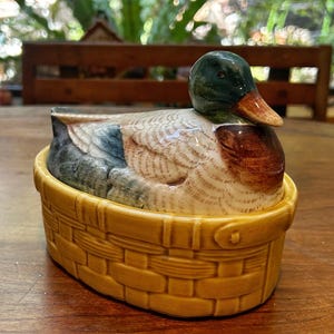 Puede incluir: Un recipiente de cerámica con forma de pato con una base de tejido de cesta amarilla. El pato tiene una cabeza verde, un cuerpo marrón y alas azules y blancas. El recipiente se utiliza probablemente para almacenamiento o decoración. El diseño general es detallado y realista.