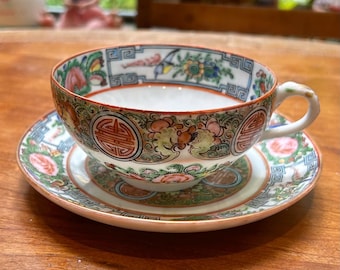 Antique Chinese Rose Famille Teacup and Saucer--Made in China, Eggshell Porcelain, 1900's