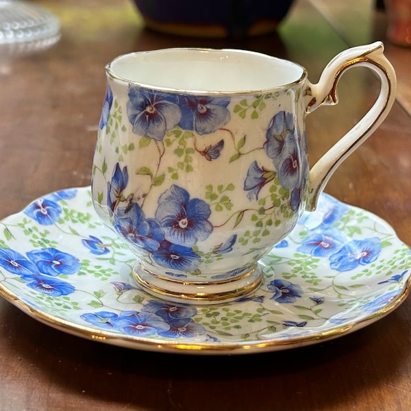 Vintage Royal Albert Crown China Blue Pansy Chintz Teacup and Saucer---1920's or 30's.