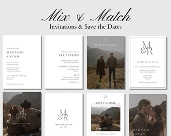 May include: A set of eight wedding invitation and save the date cards with a minimalist design. The cards feature a simple monogram of the letters "M" and "R" intertwined, along with the couple's names and wedding date. The cards are printed on a white background with black text and a brown background with white text. The cards are designed to be mixed and matched to create a unique and personalized wedding invitation suite.