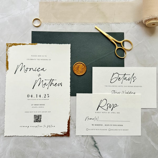 Classic Wedding Invitation with QR code, Gold Foil Edge Wedding Invite Set with Dark Green Envelope, Wax Seal, RSVP, and Details card