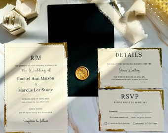 Wedding invitations with gold foil wavy edge - Paper wedding invitation card set - Black envelope minimalist design - Custom wax seal