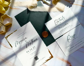 Wedding invitation card set with green envelope  - Green envelope minimalist design with gold wavy edge - Custom wax seal