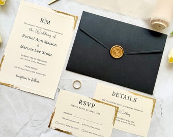 Modern Wedding Invitation, Gold Foil Edge Wedding Invite Set with Black Envelope, Wax Seal, RSVP, and Details card