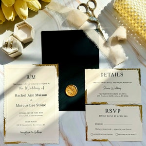 Wedding invitations with gold foil wavy edge - Paper wedding invitation card set - Black envelope - Custom wax seal - SAMPLE PACK