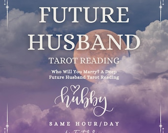 May include: A tarot reading advertisement with a pink and purple sky background, a large full moon, and the text "FUTURE HUSBAND TAROT READING Who Will You Marry? A Deep Future Husband Tarot Reading ♡ hubby SAME HOUR/DAY by Tarot La Lune"