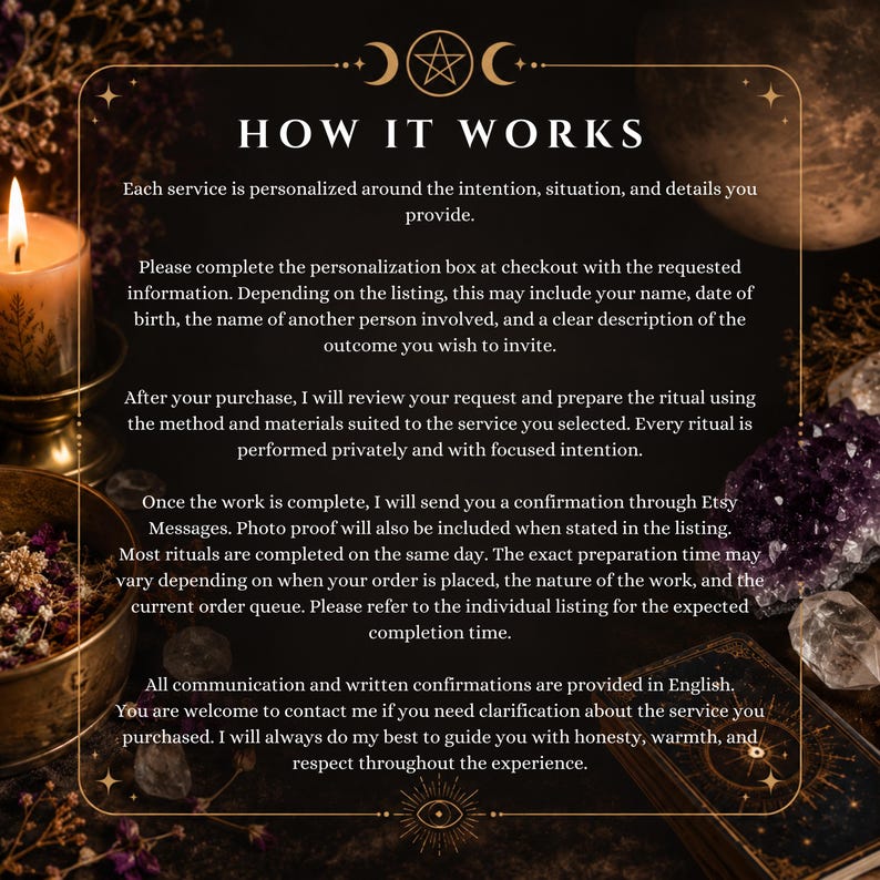 May include: A dark informational graphic titled HOW IT WORKS with white text explaining service personalization, ritual preparation, and communication. The border features gold celestial symbols, a lit candle, crystals, and tarot cards.