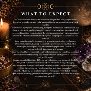 May include: A dark informational graphic with gold borders and celestial symbols. The text WHAT TO EXPECT is at the top, followed by paragraphs explaining a ritual service process, including communication via Etsy Messages and potential outcomes.