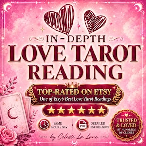 May include: A pink graphic advertisement for an In-Depth Love Tarot Reading by Celeste La Lune. It features two hand-drawn hearts, tarot cards with a crescent moon, six gold stars, and text stating Top-Rated on Etsy and Trusted & Loved.