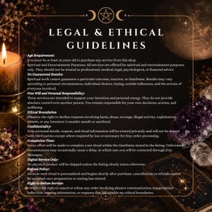 May include: A digital information card titled Legal & Ethical Guidelines with white text on a dark background. It outlines policies regarding age requirements, spiritual purposes, results, free will, ethics, confidentiality, and refund policies.
