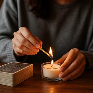 May include: A white tea light candle in a clear glass holder being lit by a wooden matchstick, positioned next to a stack of playing cards with a dark, ornate patterned back design. The scene features warm candlelight and a grey sweater.