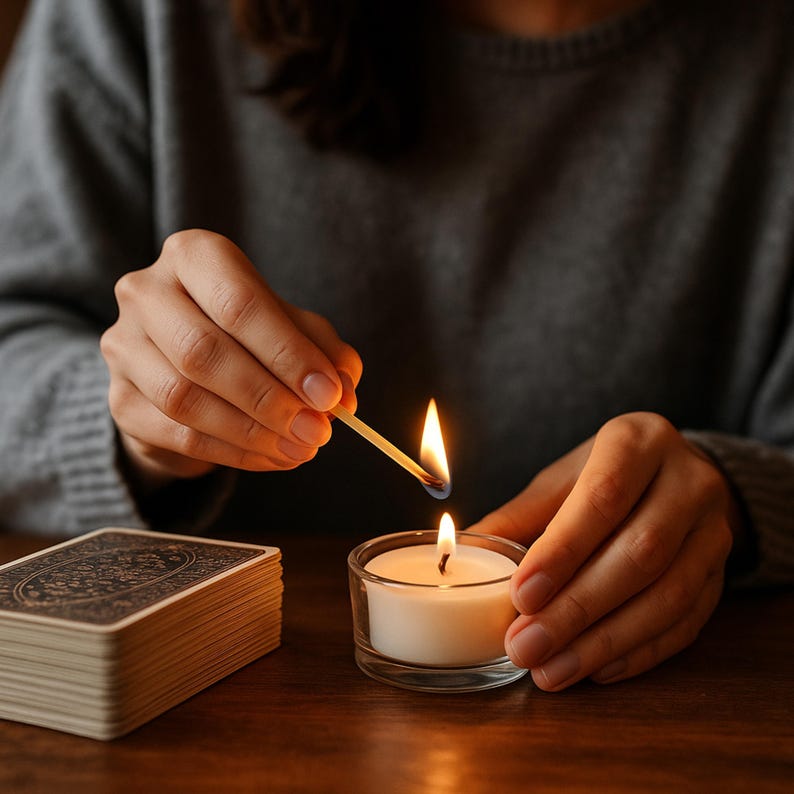 May include: A white tea light candle in a clear glass holder being lit by a wooden matchstick, positioned next to a stack of playing cards with a dark, ornate patterned back design. The scene features warm candlelight and a grey sweater.