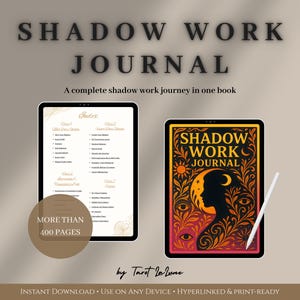 May include: A digital "Shadow Work Journal" with a decorative cover featuring a silhouette, sun, and moon design. The journal includes an index and is advertised as having more than 400 pages. A stylus is placed next to the journal.