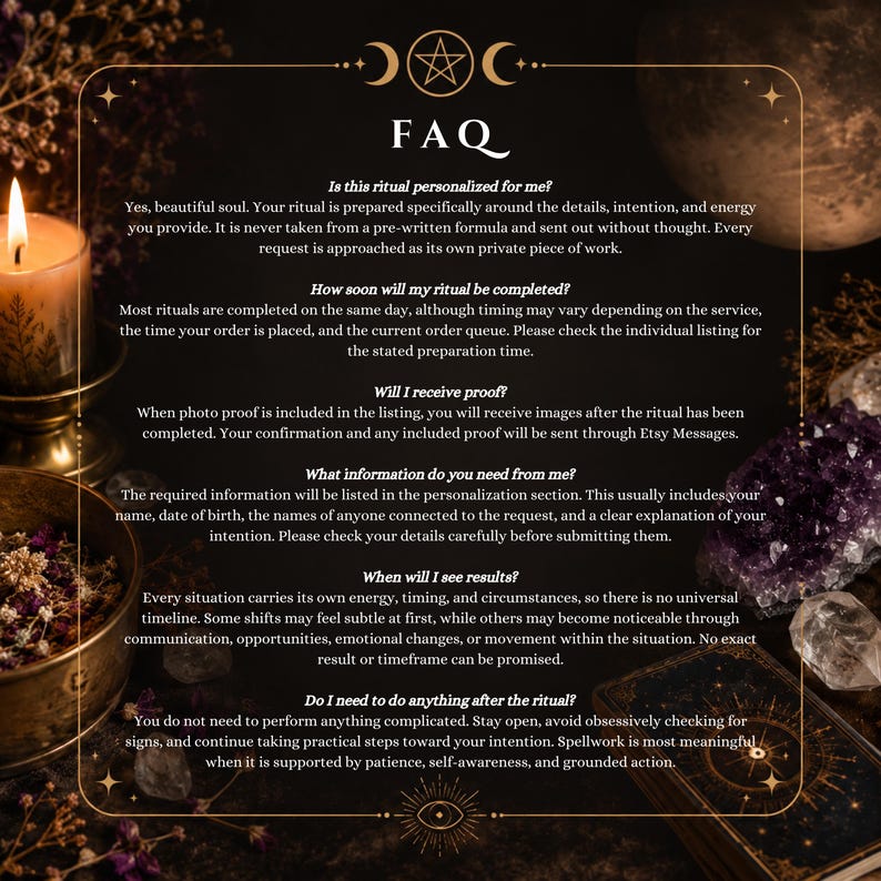 May include: A dark-themed FAQ graphic with gold celestial borders, featuring text about ritual services. The image includes a lit candle, a bowl of dried flowers, an amethyst cluster, and a tarot card, all set against a dark, mystical background.