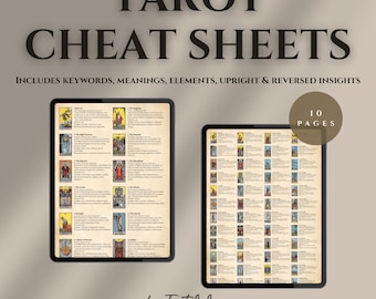 May include: Two digital tablets displaying tarot cheat sheets. The text on the tablets includes keywords, meanings, elements, and insights. The title "TAROT CHEAT SHEETS" is at the top. The image also includes the text "10 PAGES" and "by Tarot La Lune".