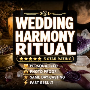 May include: A black rectangular sign with white text reading WEDDING HARMONY RITUAL and 5 STAR RATING. Below, icons and text list: HEART PERSONALIZED, CAMERA PHOTO PROOF, STAR SAME DAY CASTING, and LIGHTNING BOLT FAST RESULT.
