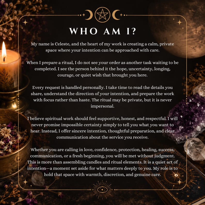 May include: A dark informational graphic with gold celestial borders and text titled WHO AM I? The text describes a ritual service by Celeste, surrounded by a lit candle, dried flowers, purple amethyst crystals, and tarot cards on a dark surface.