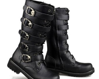 Faux Leather Lace Up Combat Boots, Gothic Style Ankle Boots, Classic Leather Motorcycle Boots, Chunky Buckle Lace Up Boots, Edgy Biker Boots
