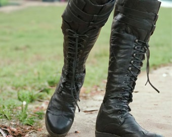 Men's Lace Up Knee High Boots, Medieval Renaissance Pull On Cosplay Boots, Rivet Motorcycle Boots, Vintage Thick Black Leather Winter Boots