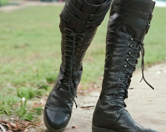 Stivali alti al ginocchio con lacci da uomo, stivali cosplay rinascimentali medievali, stivali da moto con rivetti, stivali invernali vintage in pelle nera spessa