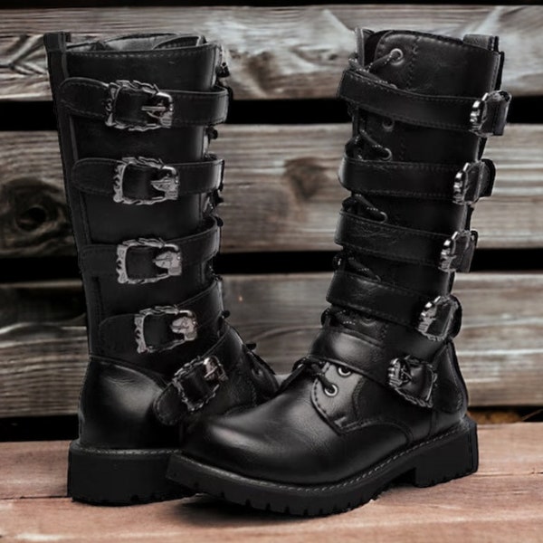 Schnürstiefel aus Kunstleder, Stiefeletten im Gothic-Stil, klassische Motorradstiefel aus Leder, Schnürstiefel mit dicker Schnalle, ausgefallene Bikerstiefel