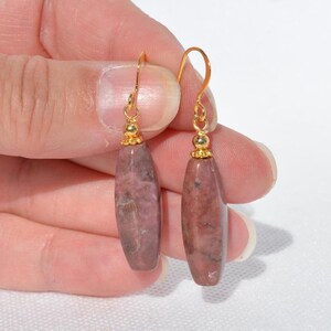 Rhodonite Gemstone Earrings: Natural Genuine Gemstones, Multiple Long Gold Gunmetal & Silver Options 15 - Gold 1.75 in.