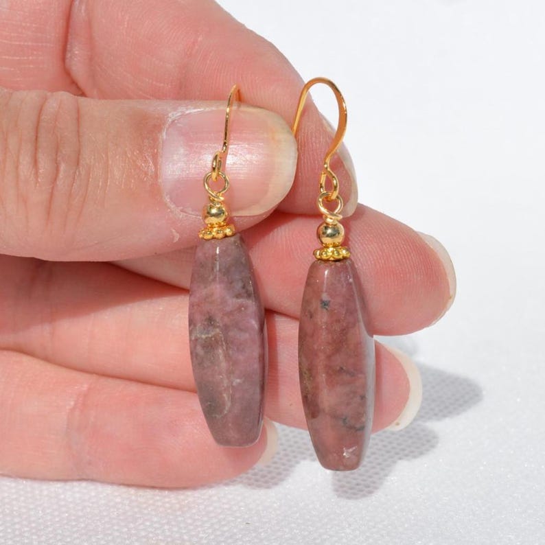 Rhodonite Gemstone Earrings: Natural Genuine Gemstones, Multiple Long Gold Gunmetal & Silver Options 15 - Gold 1.75 in.