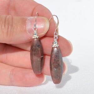 May include: A pair of drop earrings featuring elongated, smooth, brownish-red stone beads with dark speckles. Each bead is suspended from a silver-toned metal hook by a small silver-toned bead cap, creating a simple and dangling jewellery design.