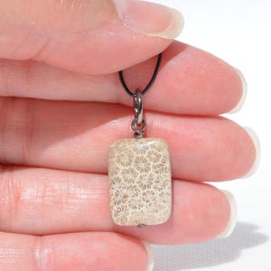Op de afbeelding: Een rechthoekige hanger met een beige versteende koraalsteen met een gedetailleerd bloemachtig patroon. De steen hangt aan een donkere metalen ring die is bevestigd aan een dun zwart koord, met natuurlijke texturen en aardse tinten.
