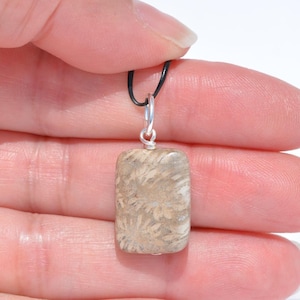 Op de afbeelding: Een rechthoekige hanger met een beige en bruin fossiel koraalpatroon met een gladde, gepolijste afwerking. De steen is bevestigd aan een zilverkleurig metalen oogje en hangt aan een dun, zwart koord, wat zorgt voor een eenvoudig, neutraal sieraad.