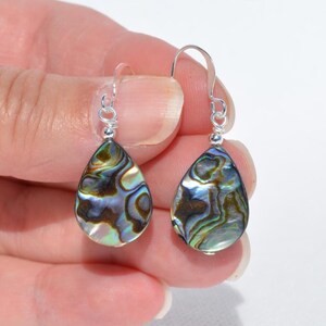 May include: A pair of teardrop-shaped earrings with iridescent abalone shells. The earrings have silver-colored hooks and small silver beads at the top. The abalone shells display a mix of blue, green, brown, and white colors.
