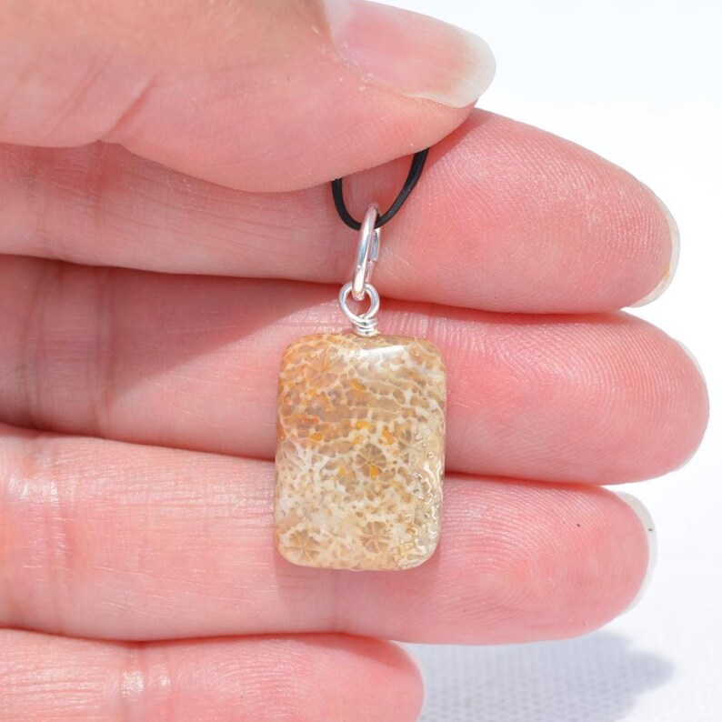 Op de afbeelding: Een rechthoekige hanger met een beige en bruine gefossiliseerde koraalsteen met een natuurlijk textuurpatroon. De steen is bevestigd aan een zilverkleurig metalen oogje en hangt aan een dun zwart koord, wat een eenvoudig sieraad vormt.