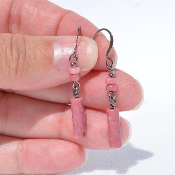 Rhodonite Gemstone Earrings: Natural Genuine Gemstones, Multiple Long Gold Gunmetal & Silver Options