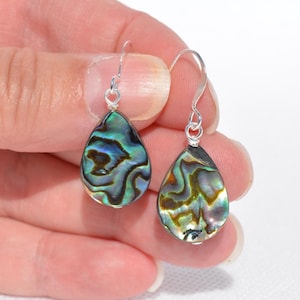 May include: A pair of teardrop-shaped earrings with iridescent abalone shells. The earrings have silver-colored hooks and display a mix of blue, green, and brown colors. The abalone shells have a unique, swirling pattern.