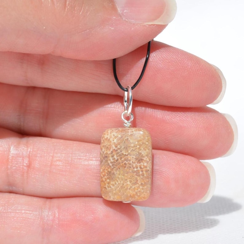 Op de afbeelding: Een rechthoekige hanger met een beige en bruine gefossiliseerde koraalsteen met een gedetailleerd, ingewikkeld honingraatachtig patroon. De steen hangt aan een zilverkleurig metalen oogje aan een dunne, zwarte koordketting.