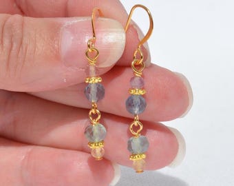 Rainbow Fluorite Gemstone Dangle Earrings: Natural Genuine Gemstones, Multiple Colors/Options
