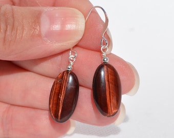 Red Tiger Eye Gemstone Earrings: 20x10mm Ovals, Multiple Gunmetal/Silver/Gold-Plated Ear Wire Options