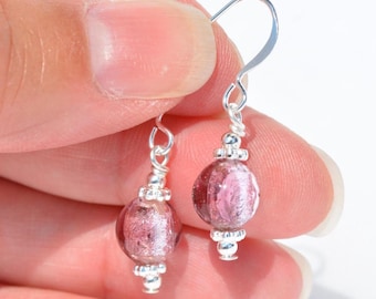 Venetian Glass Earrings: Murano Style, Pink Silver & Peach Gold Foil Glass, Multiple Sizes/Options
