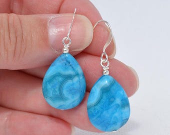 Crazy Lace Agate Earrings: Genuine Gemstones, Dyed Blue, Everyday Jewelry, Multiple Sizes/Options