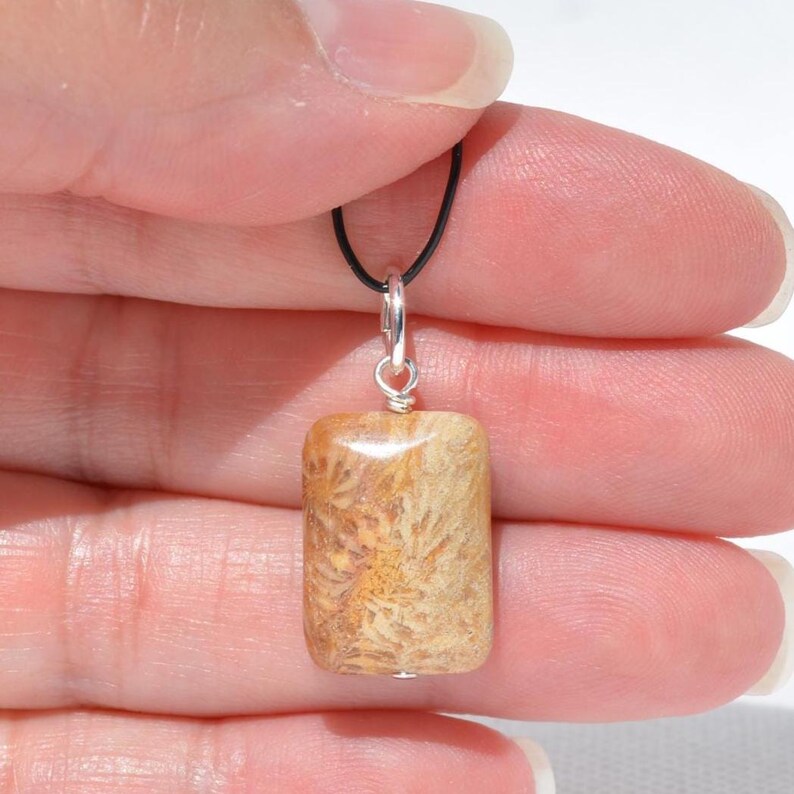 Op de afbeelding: Een rechthoekige hanger met een beige en bruine gefossiliseerde koraalsteen met een natuurlijk, ingewikkeld, waaiervormig patroon. De steen hangt aan een zilverkleurig metalen oogje bevestigd aan een dunne, zwarte koordketting.