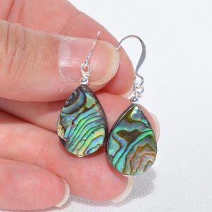 May include: A pair of teardrop-shaped earrings with iridescent abalone shells. The earrings have a silver hook and wire design. The abalone shells display a mix of green, blue, and brown colors with a unique striped pattern.