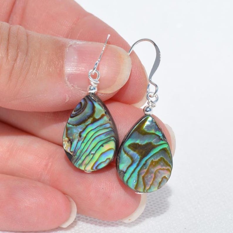 May include: A pair of teardrop-shaped earrings with iridescent abalone shells. The earrings have a silver hook and wire design. The abalone shells display a mix of green, blue, and brown colors with a unique striped pattern.
