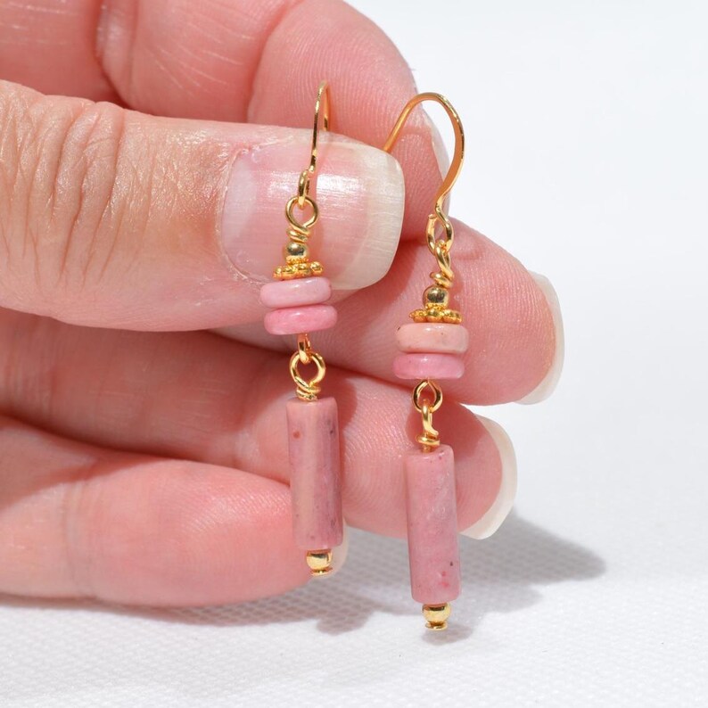 Rhodonite Gemstone Earrings: Natural Genuine Gemstones, Multiple Long Gold Gunmetal & Silver Options 7 - Gold 1.8 inches