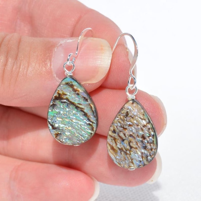 May include: A pair of teardrop-shaped earrings with iridescent abalone shells. The earrings have silver-colored hooks. The abalone shells display a mix of blue, green, brown, and gold colors, creating a shimmering effect.