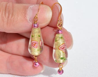 Venetian / Murano Style Glass Foil Earrings - Pink & Gold Dangle Earrings