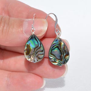May include: A pair of teardrop-shaped earrings with iridescent abalone shells. The earrings have silver-colored hooks. The abalone shells display a mix of blue, green, and brown colors with a swirling pattern.